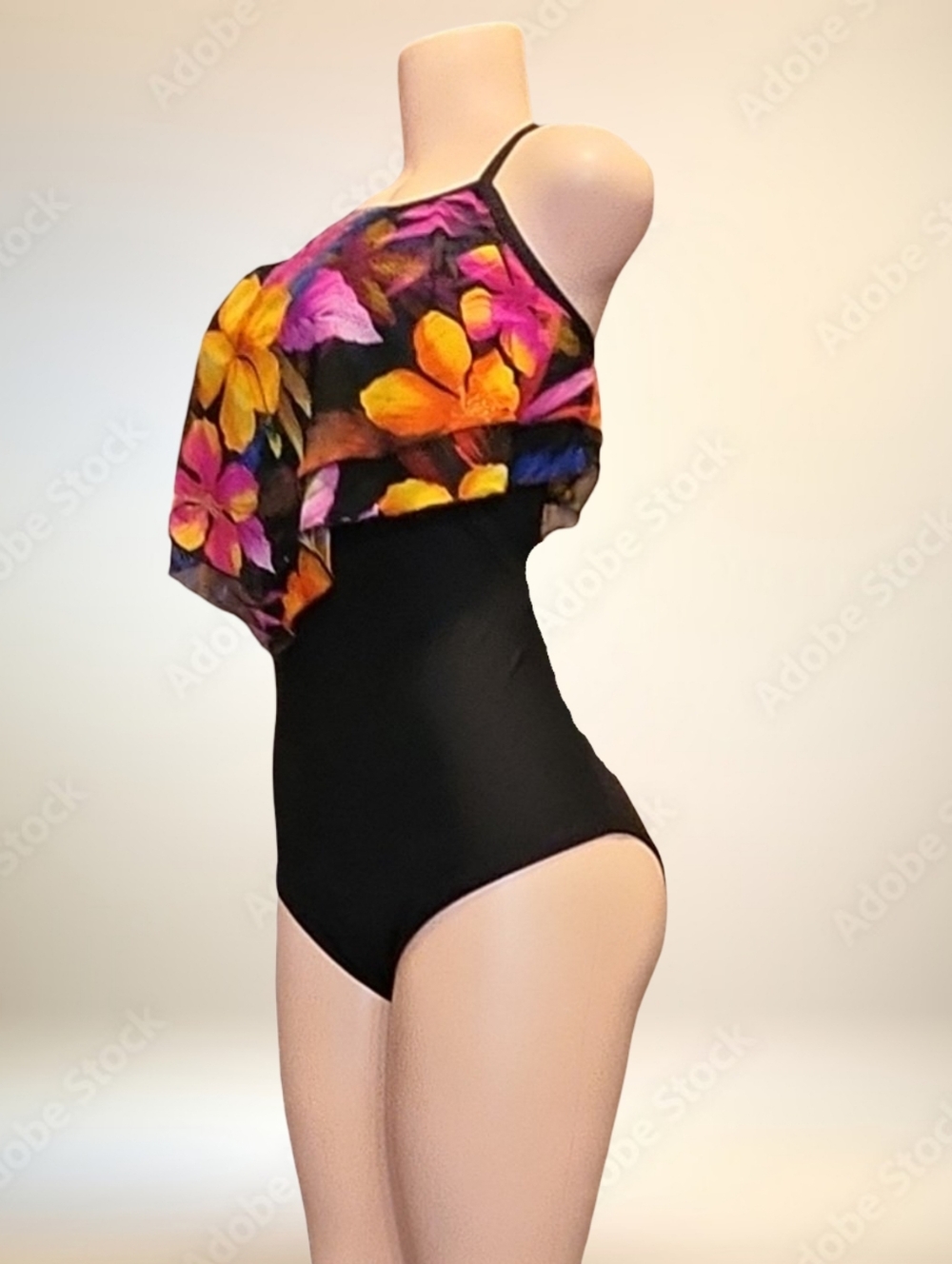 Vintage Longitude Black Floral One Piece Swimsuit Plus Size 20W Spaghetti Strap - Picture 2 of 10